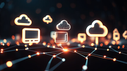 Floating 3D holographic icons representing digital devices and cloud storage, connected by bright, pulsing lines