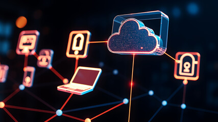 Floating 3D holographic icons representing digital devices and cloud storage, connected by bright, pulsing lines