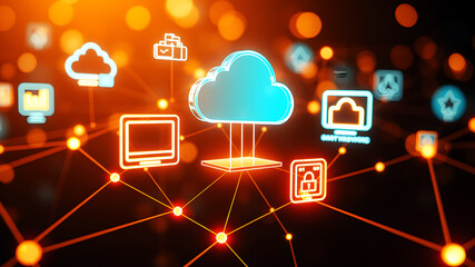 Floating 3D holographic icons representing digital devices and cloud storage, connected by bright, pulsing lines