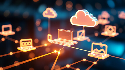 Floating 3D holographic icons representing digital devices and cloud storage, connected by bright, pulsing lines