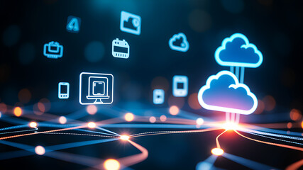Naklejka premium Floating 3D holographic icons representing digital devices and cloud storage, connected by bright, pulsing lines