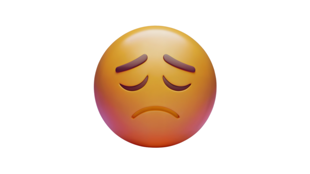 A 3D sad or frowning emoji with downward slanted eyebrows and a curved frown, conveying a sense of sadness or disappointment