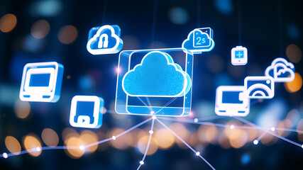 Floating 3D holographic icons representing digital devices and cloud storage, connected by bright, pulsing lines