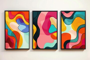 A collection of artworks displayed on a wall in a cozy room