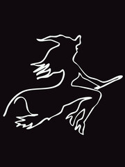 beautiful witch flying in the air on a broom, she wears high heels and a hat, she goes with her hair in the wind,