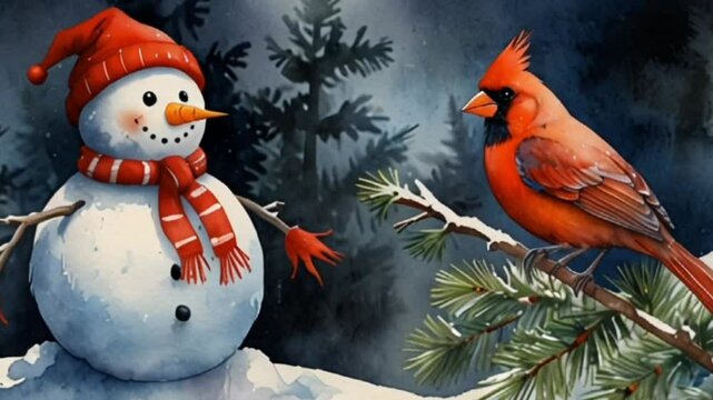 snowman in the snow with a bird on a towing 