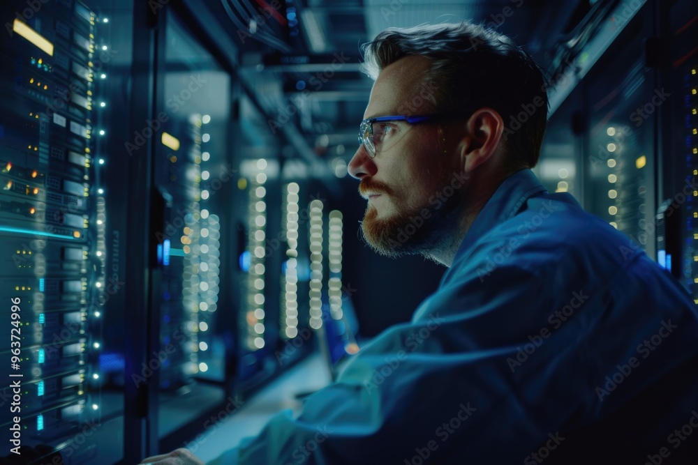 Poster man inspects computer screen in a server room, possibly troubleshooting or monitoring system perform