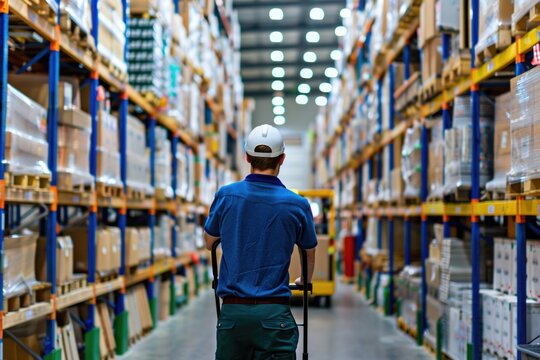 A person loading or unloading items in a storage facility, using a manual handling device