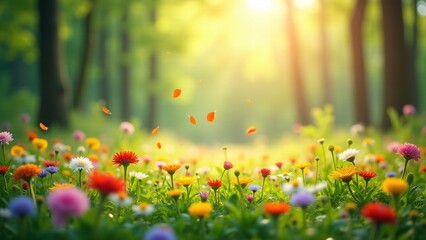 Fototapeta premium A dreamy, sunlit forest with colorful wildflowers in the foreground and soft light filtering through trees in the background