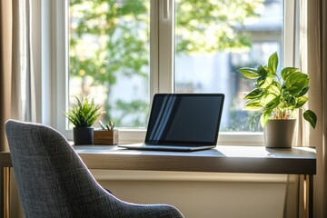 Minimalist workspace with desk, laptop, plant, sunlit window, cozy and bright interior.