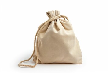 Obraz premium A drawstring bag sitting on a white background, perfect for showcasing its design and color