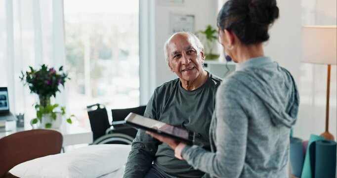 Physiotherapist, band and elderly man with exercise for muscle recovery, stretching and healing. Physiotherapy, tablet and person with flexibility for mobility support, rehabilitation and assessment