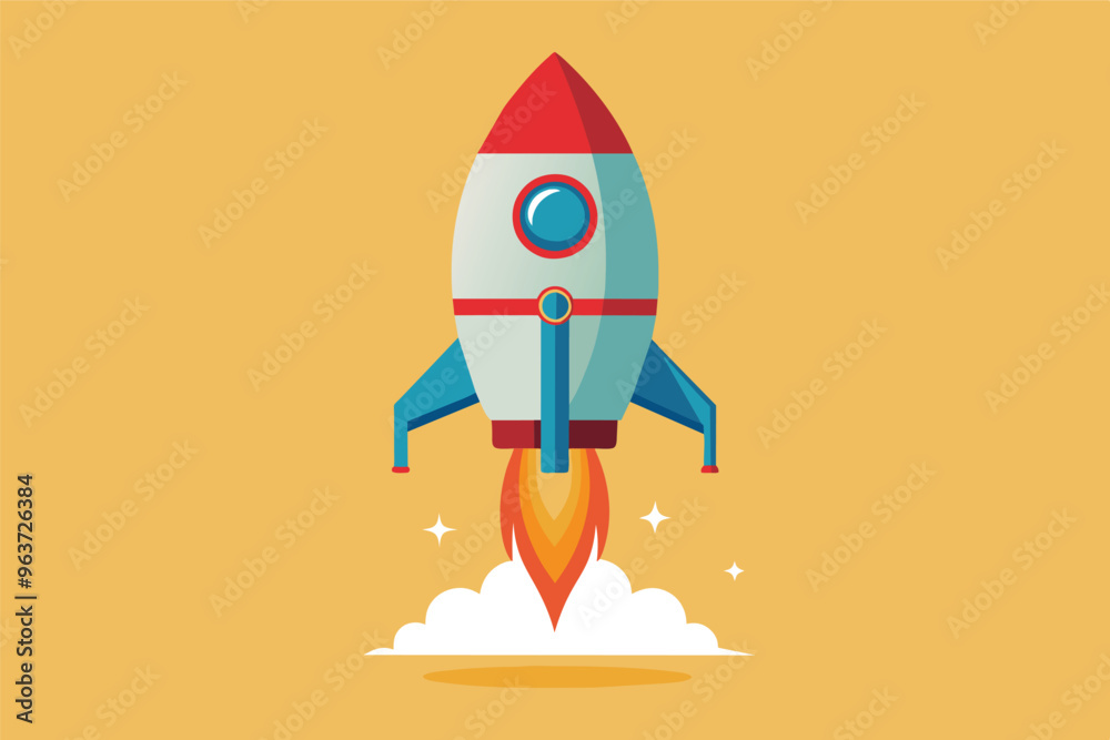 Wall mural cartoon rocket ship taking off in the sky with fire and clouds for a successful business or startup 