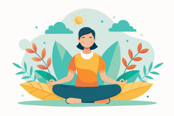 Woman meditating in lotus pose surrounded by leaves and a sunny sky. Concept of mindfulness, relaxation, and peace.