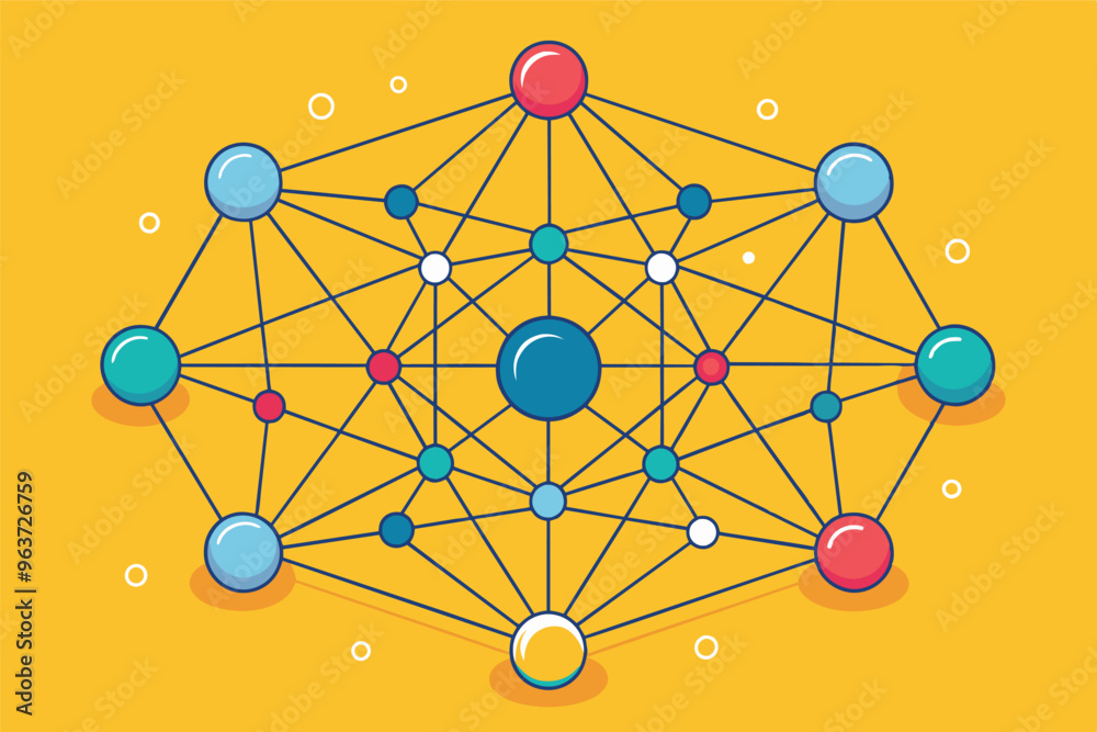 Aufkleber A colorful abstract representation of interconnected nodes on a vibrant yellow background illustrating data networks and connectivity concepts