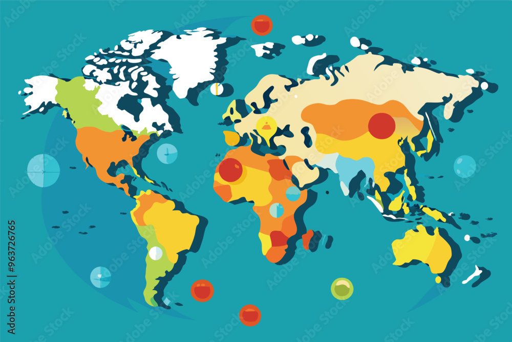 Aufkleber A colorful world map highlighting geographical features and climate zones across continents, emphasizing landforms and oceanic patterns in a clear design
