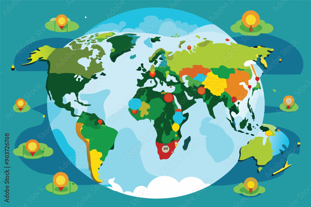 Aufkleber A colorful world map highlighting geographical features and climate zones across continents, emphasizing landforms and oceanic patterns in a clear design