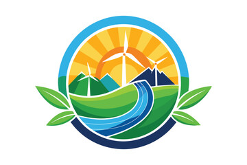 A vibrant emblem showcasing renewable energy with wind turbines, mountains, and a flowing river under a radiant sun, symbolizing sustainability and environmental harmony