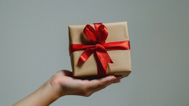 A person holding a brown box tied with a red ribbon, suitable for various gift-giving and present scenarios