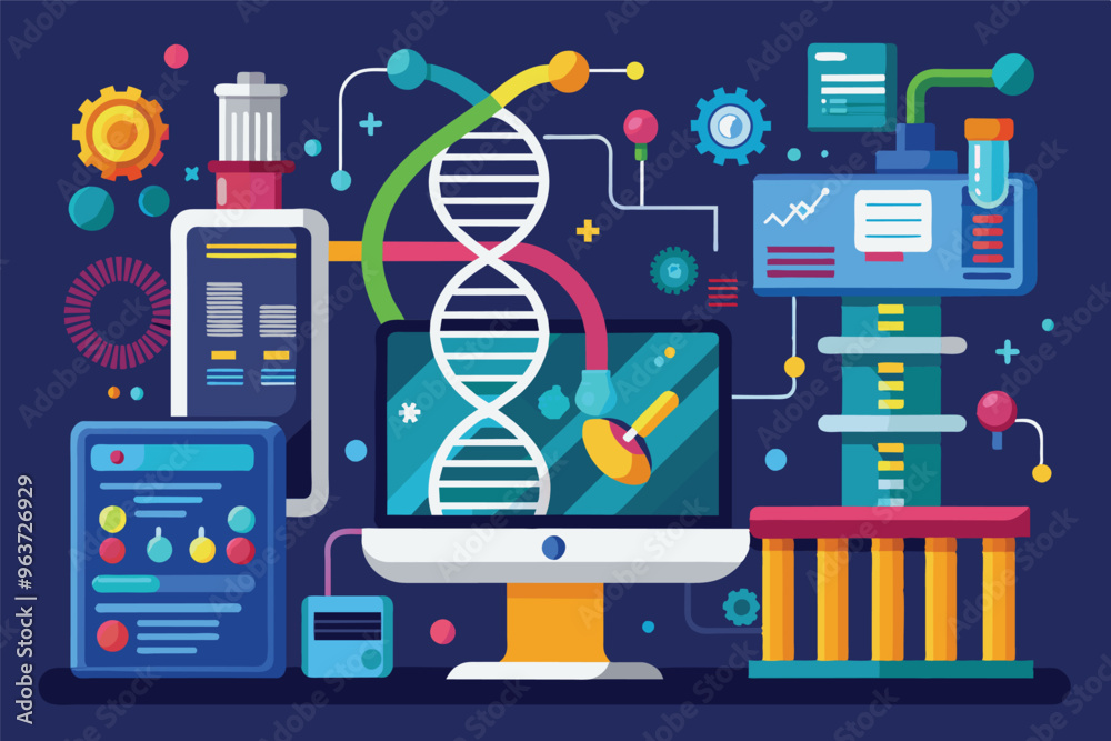 Poster a colorful depiction of a laboratory workspace showcasing various scientific instruments, charts, an