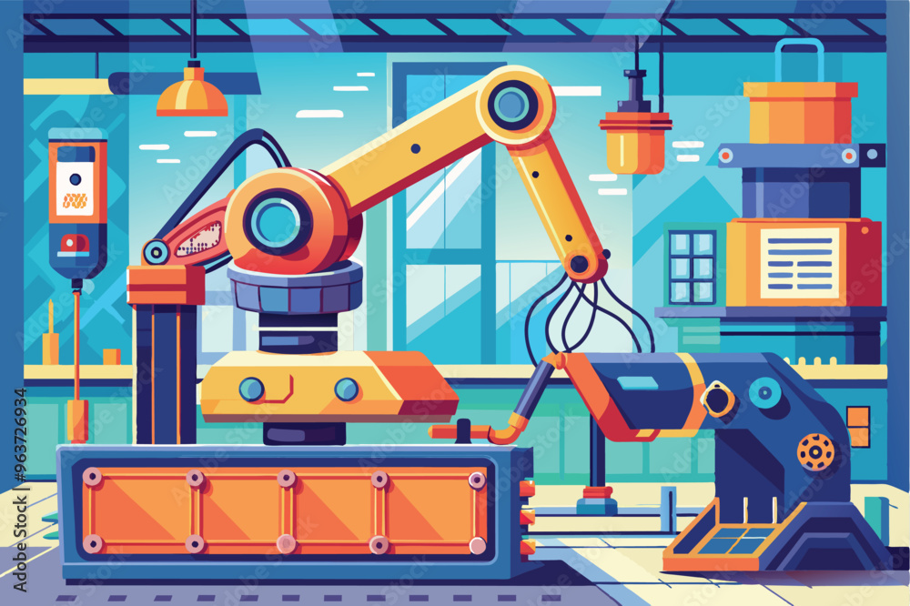 Poster a colorful depiction of automated machinery in an industrial setting, showcasing robotic arms and va