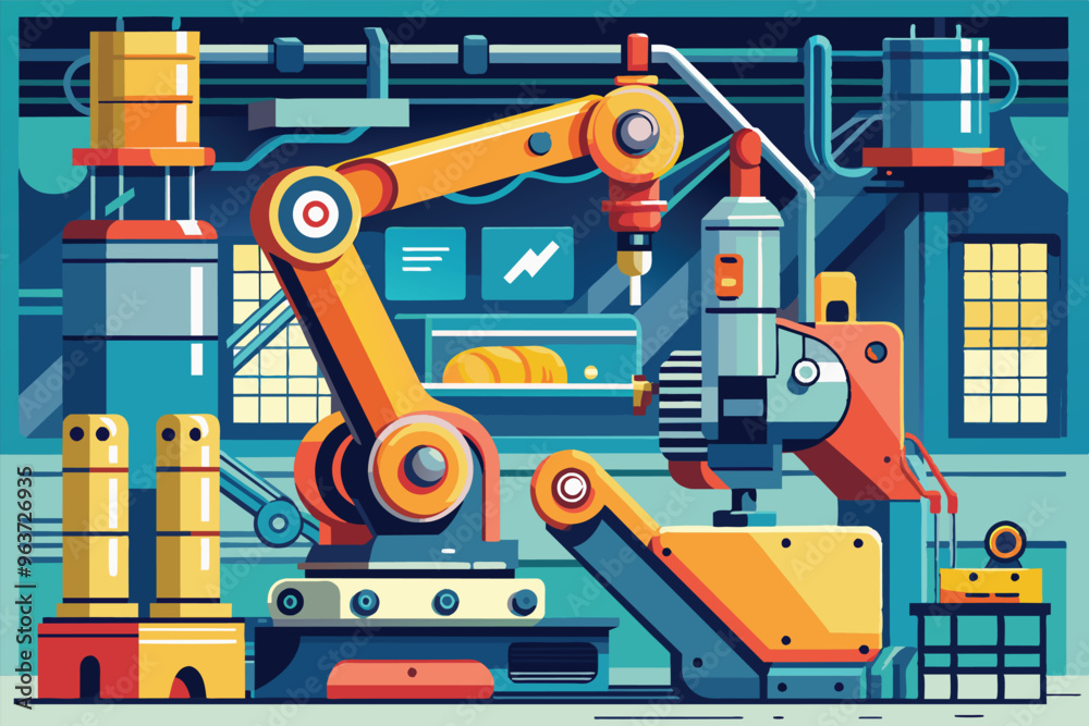 Poster a colorful depiction of automated machinery in an industrial setting, showcasing robotic arms and va
