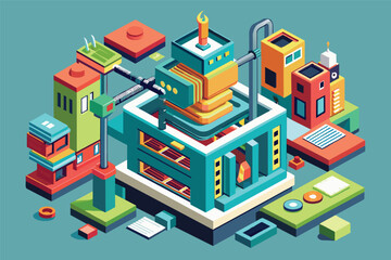 A colorful isometric illustration of a modern factory with intricate machinery, urban buildings, and creative design elements showcasing a vibrant industrial setting