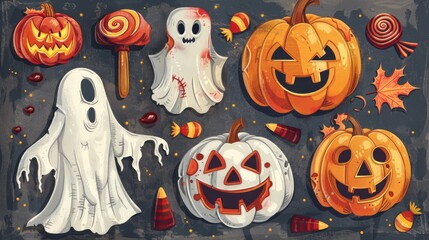 A collection of Halloween decorations featuring pumpkins, ghosts, and candy