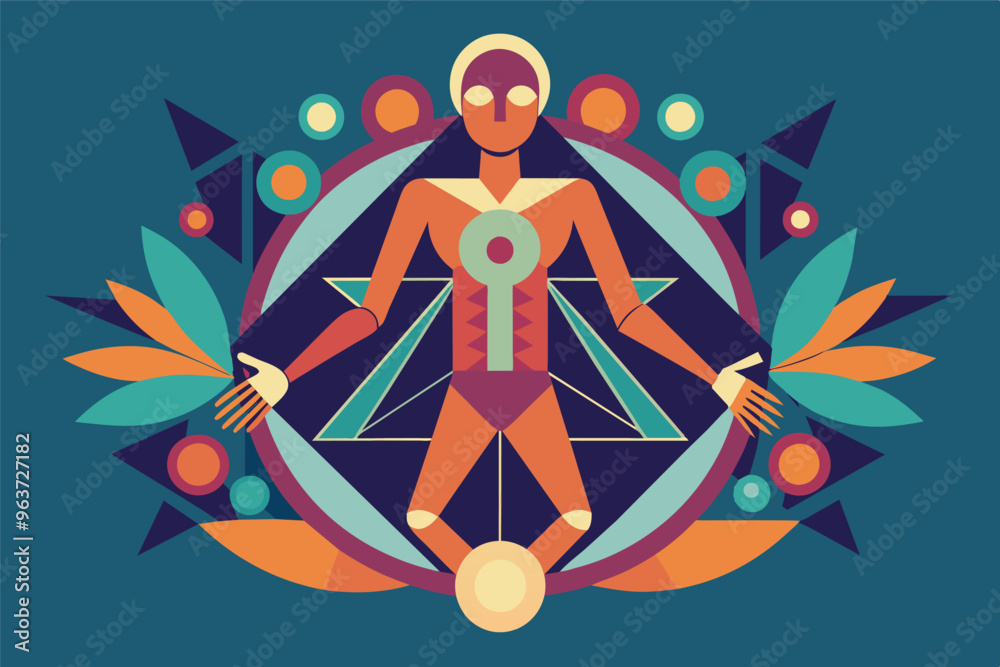 Poster A colorful geometric design featuring a human figure with outstretched arms, surrounded by vibrant shapes and patterns, evoking a sense of balance and harmony
