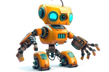 Fototapeta premium A robotic figure with orange body and green eyes standing in front of a clean white surface