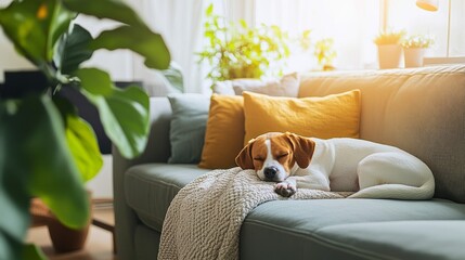 Cozy Living Room with a Dog Lounging on a Sofa