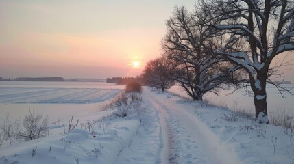 Obraz premium Serene Winter Sunrise Over Snowy Path