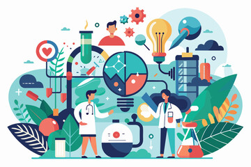 A colorful science illustration depicting two researchers analyzing plant growth in a laboratory setting with various scientific instruments and elements present