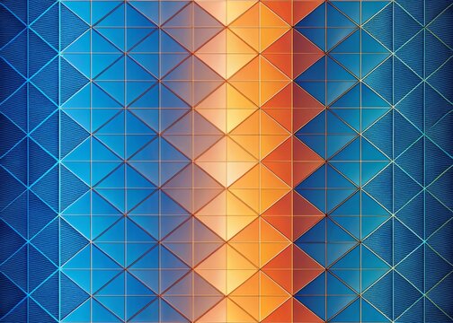 Geometric shapes in a gradient pattern using blue and orange hues set against a subtle grid background to create a modern and dynamic design