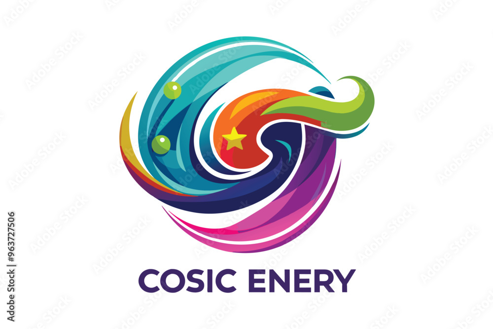 Poster A vibrant logo design representing cosmic energy with swirling colors and elements suggesting movement and dynamism in an abstract artistry style
