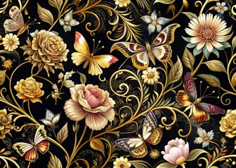 A detailed, intricate pattern of intricately illustrated flowers and butterflies on a rich, velvety black background, with metallic gold accents and delicate filigree details.