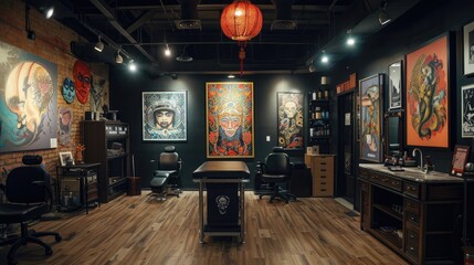 Artistic Tattoo Studio Interior with Vibrant Wall Art
