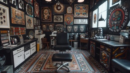 Vibrant Tattoo Studio with Artistic Decor and Equipment