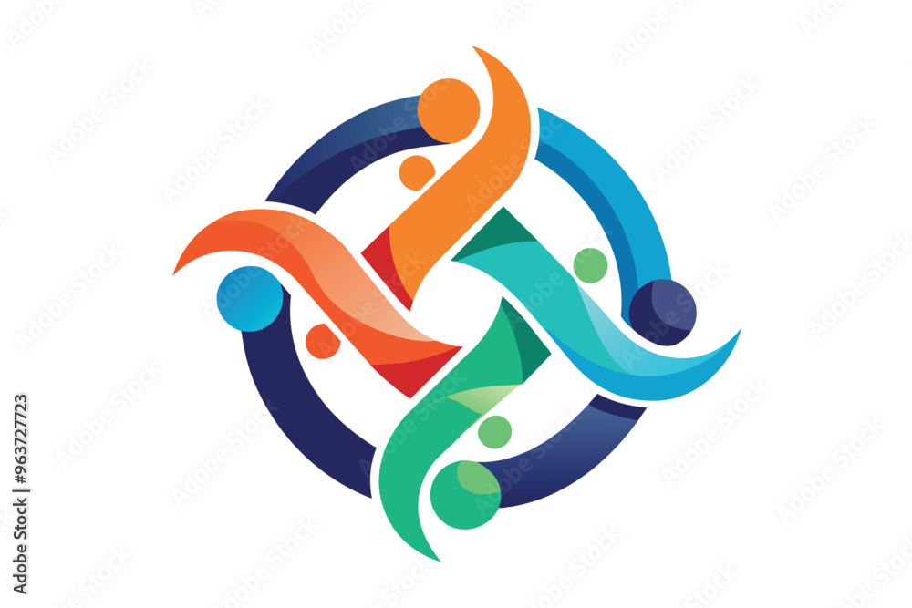 Poster Colorful abstract logo representing unity and collaboration among diverse groups of people, designed with interwoven shapes and vibrant colors conveying harmony
