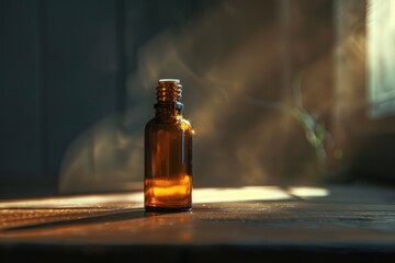 A bottle of essential oil sits on a table, ready for use