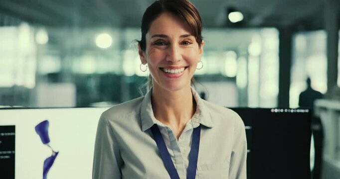 Woman, laboratory and science for prosthetic design, smile and face by computer for model, coding and project. Person, scientist and bionic engineer with pride, happy or machine learning for mobility