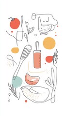 vertical Line Art of Abstract Cooking Utensils and Ingredients Floating on White Background 