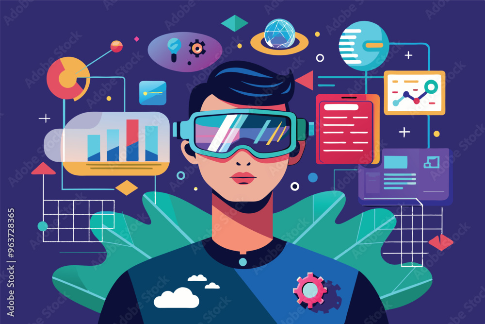 Poster A young person wearing virtual reality goggles is immersed in a digital environment filled with data visuals, charts, and futuristic graphics, reflecting innovation and technology