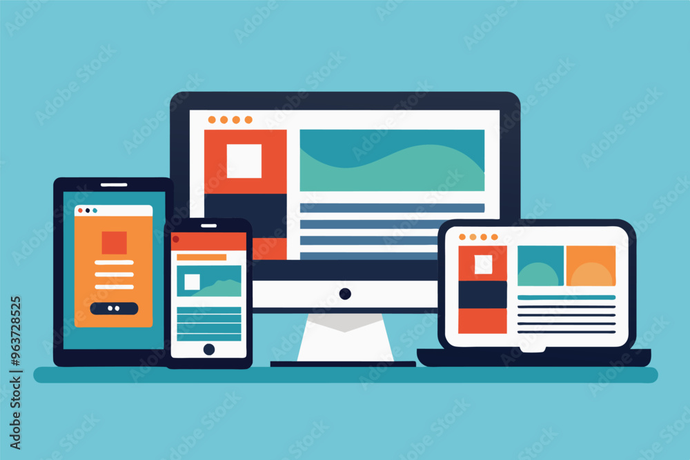 Poster a collection of digital devices displaying various web designs and interfaces in a vibrant layout, i