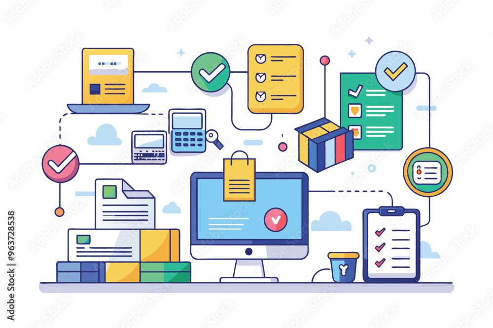Poster digital workflow diagram illustrating processes of task management, inventory control, and document 