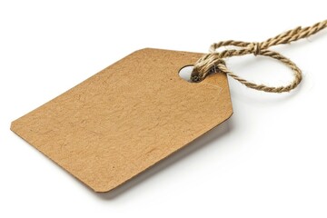 A simple brown tag with a string wrapped around it, set against a clean white background