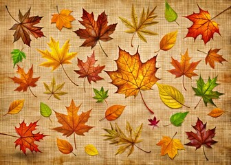 A whimsical and playful illustration of autumn leaves in warm colors, scattered across a soft and textured background that resembles burlap or canvas, adding a sense of natural and organic charm.