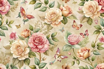 A romantic, vintage-inspired pattern of roses and butterflies in muted, earthy tones, set against a soft, gradient background with subtle texture and delicate flourishes.