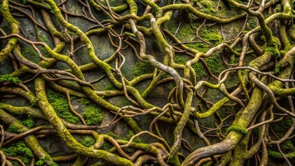 Fototapeta premium A dense, intricate pattern of intertwining vines and thorny branches, set against a muted, moss-covered background, evoking a sense of foreboding and secrecy.