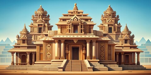 Obraz premium Illustration of a ancient temple with intricate carvings and geometric shapes in shades of beige and brown, set against a subtle gradient blue background for a sense of nostalgia